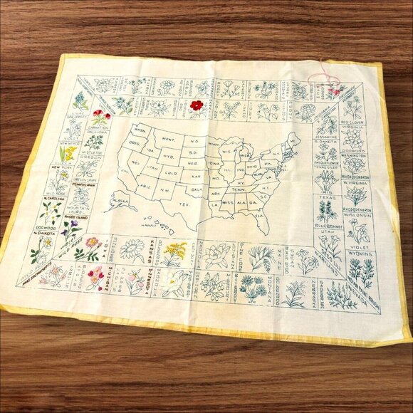 Vintage Paragon Needlecraft Embroidered USA Map State Flower Unfinished - Picture 1 of 6